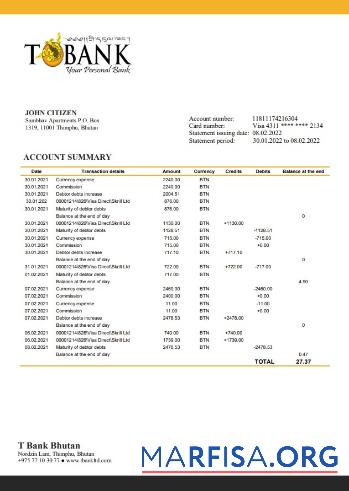 Blank Bhutan T Bank statement word sample